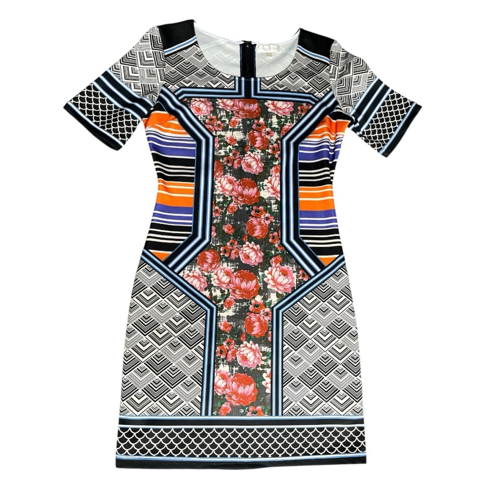 ANTHROPOLOGIE JEALOUS TOMATO Floral Colour Block Print Scuba Dress Black Medium